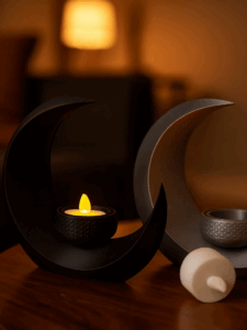 crescent moon tea light holder — bougeoir croissant imprimé 3D pour bougies chauffe-plat, ambiance douce